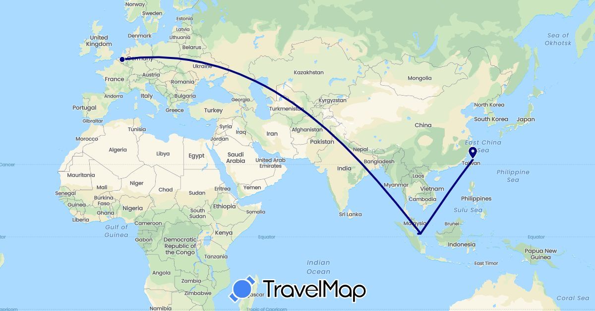 TravelMap itinerary: driving in Belgium, Indonesia, Singapore, Taiwan (Asia, Europe)